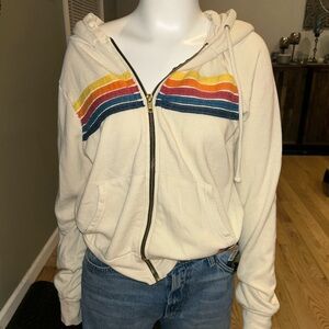 Aviator Nation Cream Hoodie with Rainbow Stripes